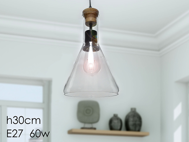 LAMPADARIO VETRO C/TOP LEGNO  Ø16,5 CM DICTROLUX