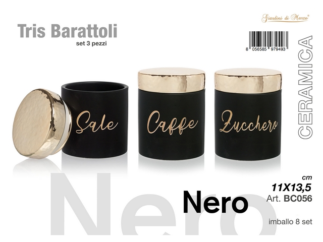 TRIS BARATTOLI NERO TAPPO ORO BC056
