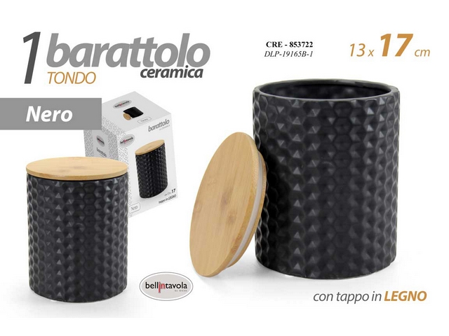 BARATTOLO CERAMICA NERO CM.13X13X17 TAPPO LEGNO