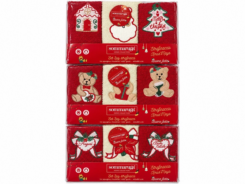 *STROFINACCI 3 PZ SPUGNA 40X60 RICAMATI STR.XMASMAYA NATALIZI COLLI PZ.24