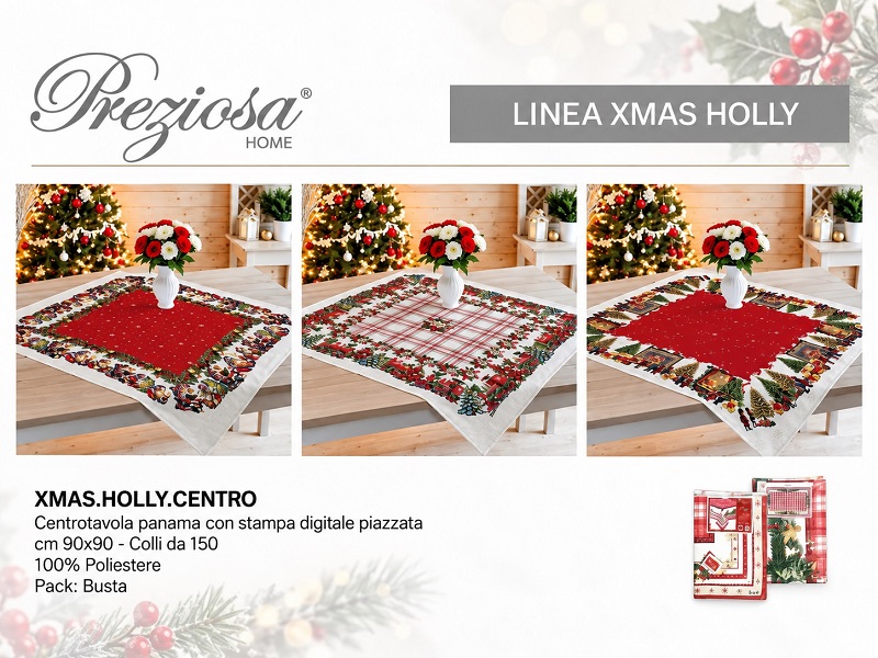 *CENTROTAVOLA PANAMA CM.90X90 NATALIZIA XMAS.HOLLY.CENTRO