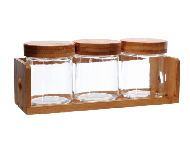 SET 3 BARATTOLI VETRO E BAMBOO    CM.34X12,5XH14 79804