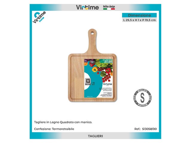 TAGLIERE LEGNO 29.5X19.5X1CM QUADRO C/MANICO S13058/00